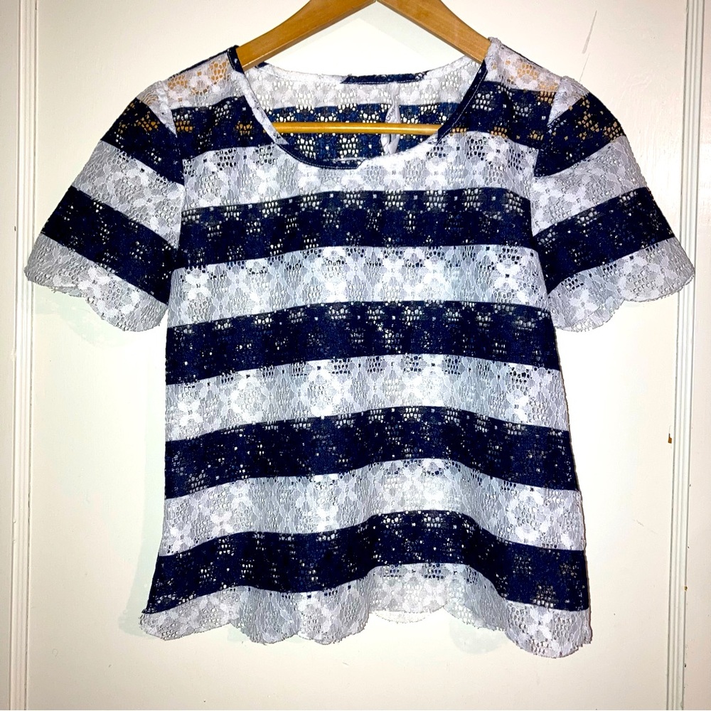 BCBGeneration Navy & White Striped Sheer Lace Top XS
